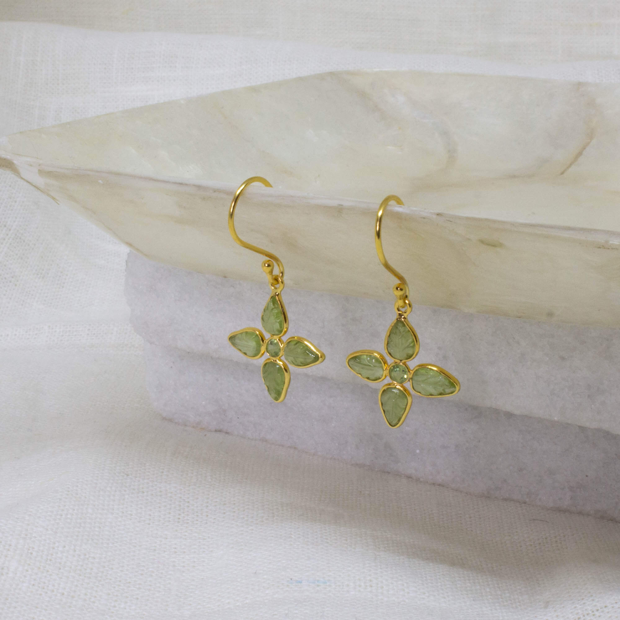 Carved peridot gemstone flower earrings in 18k gold vermeil - Beyond Biasa