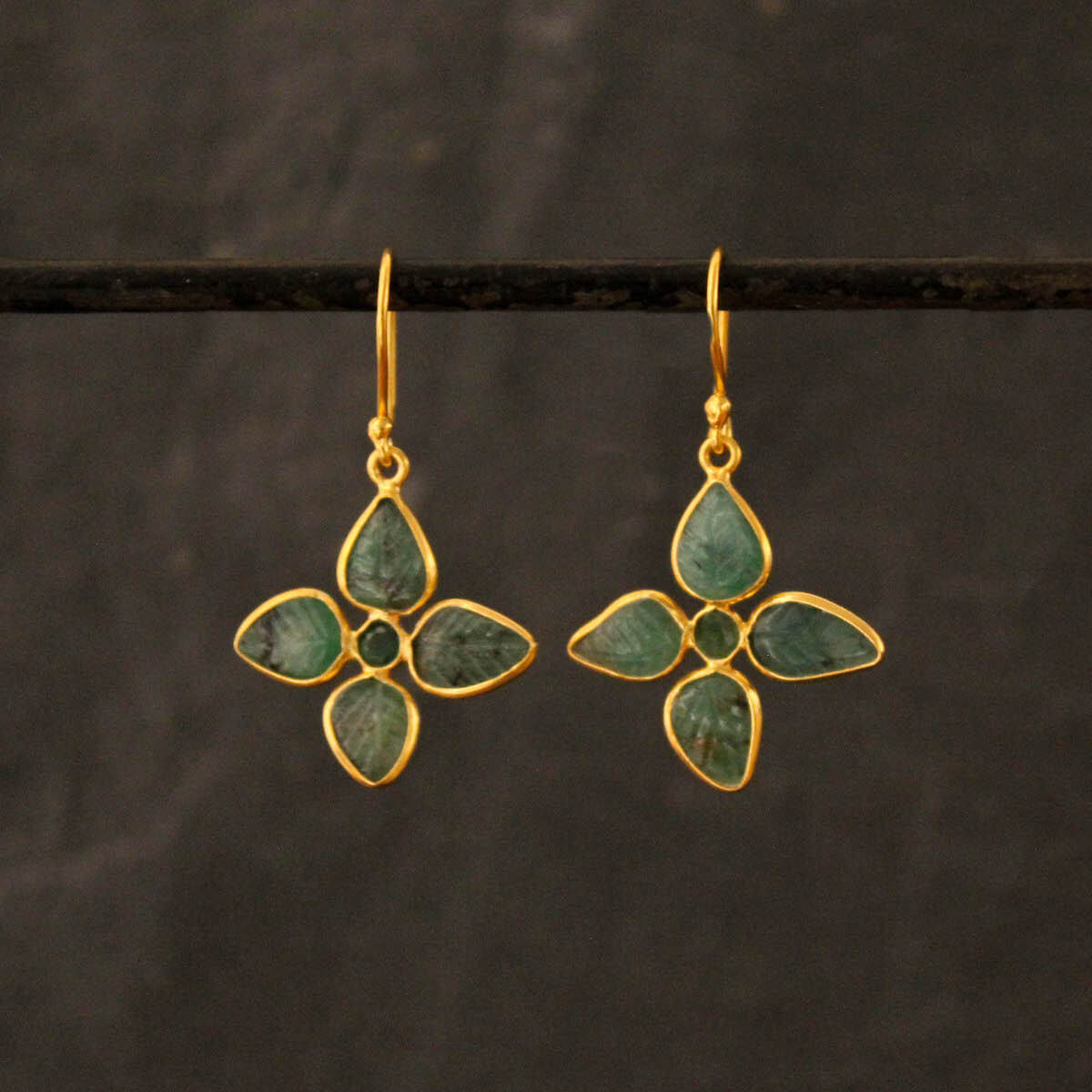 Carved emerald gemstone flower earrings in 18k gold vermeil - Beyond Biasa