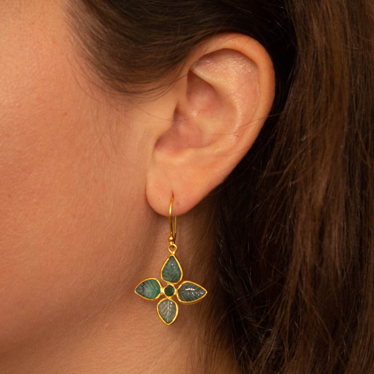 Carved emerald gemstone flower earrings in 18k gold vermeil - Beyond Biasa