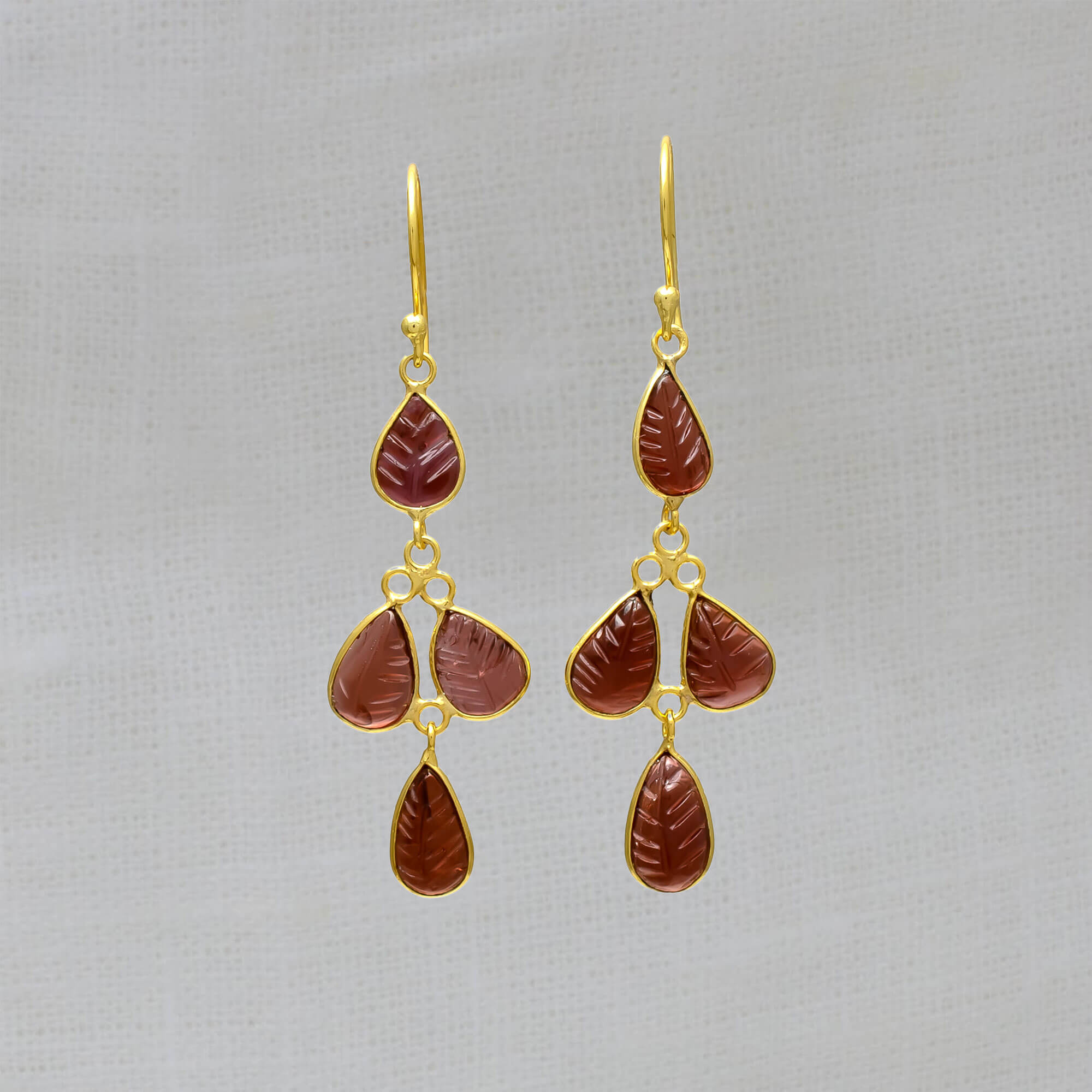 Multi stone chandelier earrings with carved garnet gemstones and 18k gold vermeil hook earrings - Beyond Biasa 