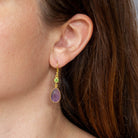 Carved teardrop amethyst gemstone earrings with small faceted peridot and gold vermeil hook fitting - Beyond Biasa 