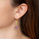 Carved teardrop amethyst gemstone earrings with small faceted peridot and gold vermeil hook fitting - Beyond Biasa 