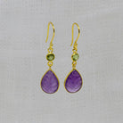 Carved teardrop amethyst gemstone earrings with small faceted peridot and gold vermeil hook fitting - Beyond Biasa 