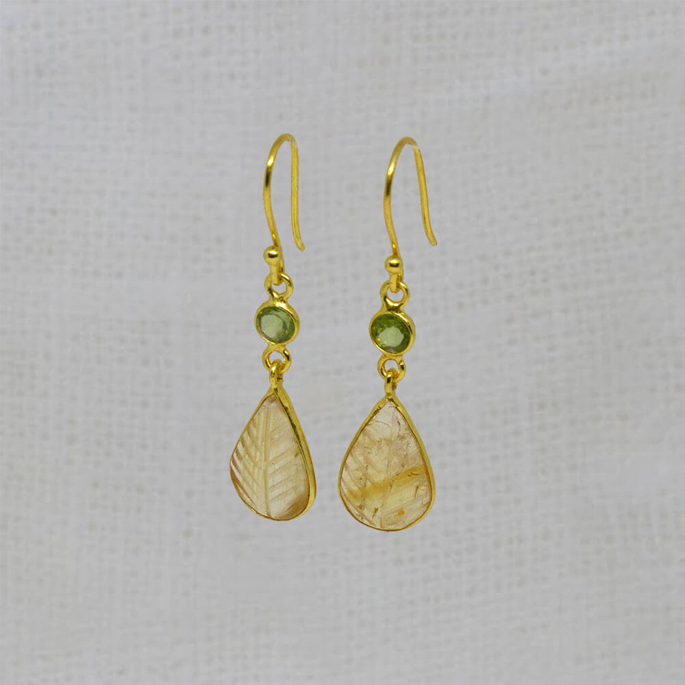 Carved citrine and faceted peridot gemstone earrings in 18k gold vermeil with a simple hook fitting - Beyond Biasa 