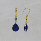 Carved lapis lazuli and faceted turquoise gemstone earrings in 18k gold vermeil with a simple hook fitting - Beyond Biasa 