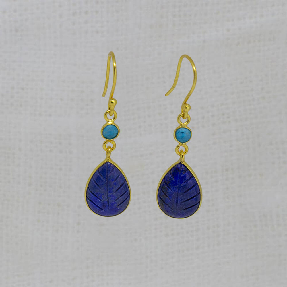 Carved lapis lazuli and faceted turquoise gemstone earrings in 18k gold vermeil with a simple hook fitting - Beyond Biasa 