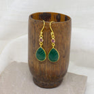 Carved green onyx and faceted pink tourmaline gemstone earrings in 18k gold vermeil with a simple hook fitting - Beyond Biasa 