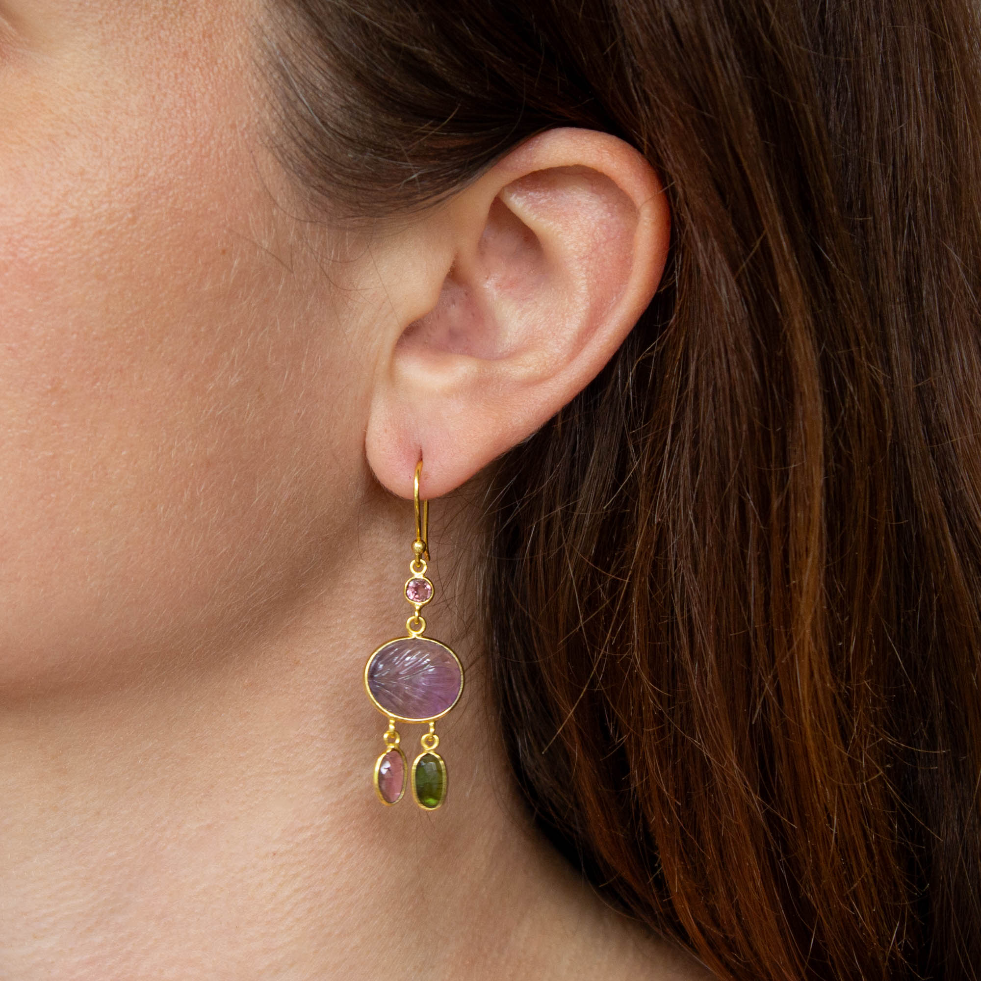 Carved amethyst and tourmaline gemstone dangle earrings in 18k gold vermeil with hook fittings - Beyond Biasa