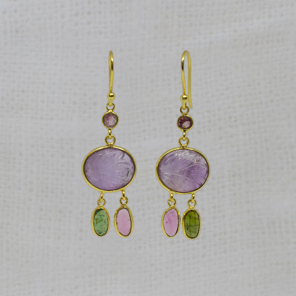 Carved amethyst and tourmaline gemstone dangle earrings in 18k gold vermeil with hook fittings - Beyond Biasa