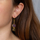 Carved amethyst and tourmaline gemstone dangle earrings in 18k gold vermeil with hook fittings - Beyond Biasa