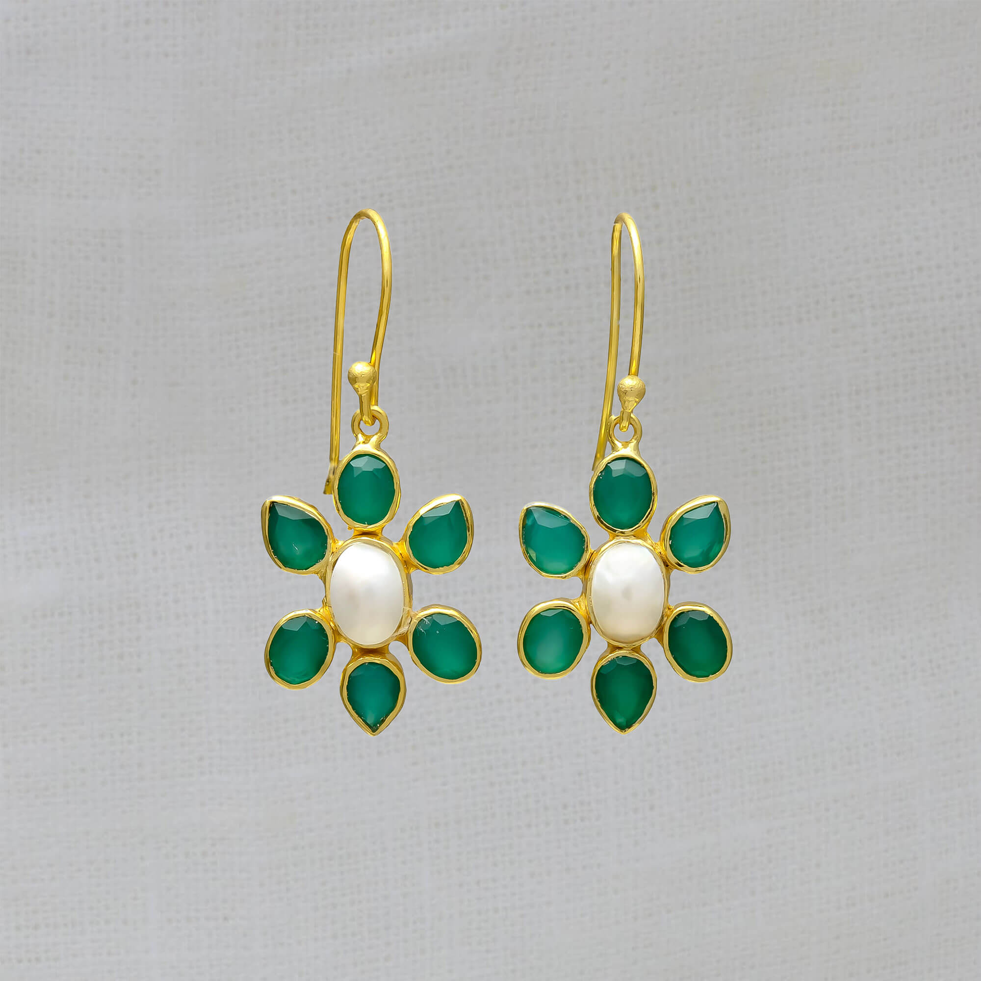 Green Onyx and White Freshwater Pearl Flower Drop Earrings in 18k
