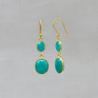 A pair of dangle drop earrings featuring two oval shaped amazonite gemstones set in a simple 18k gold vermeil setting with hook fitting