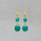 A pair of dangle drop earrings featuring two oval shaped amazonite gemstones set in a simple 18k gold vermeil setting with hook fitting