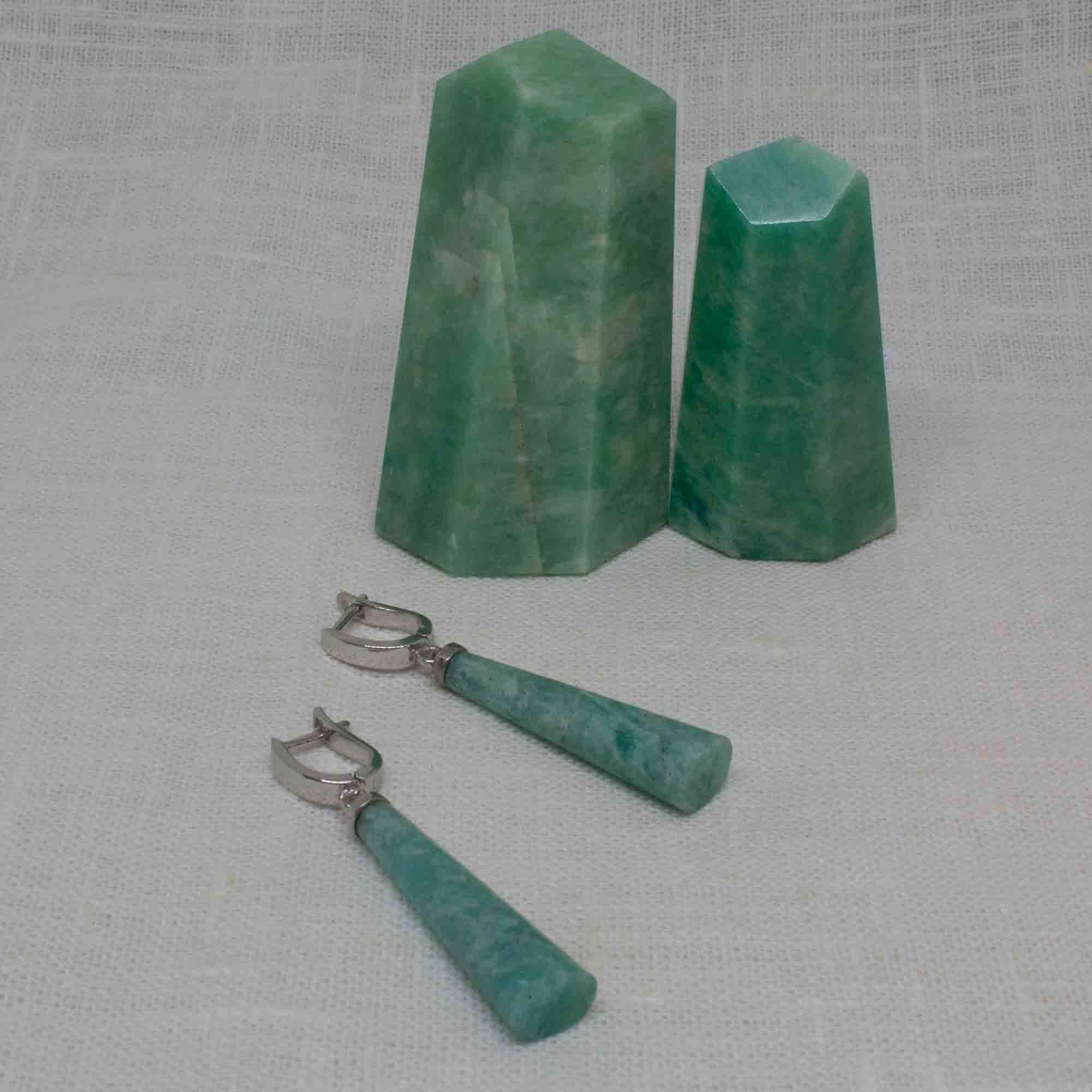 Long polished cabochon blue-green amazonite gemstone earrings with sterling silver french hook omega clasp - Beyond Biasa