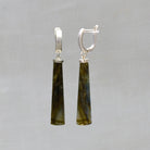 Long polished cabochon labradorite gemstone earrings with sterling silver french hook omega clasp - Beyond Biasa 