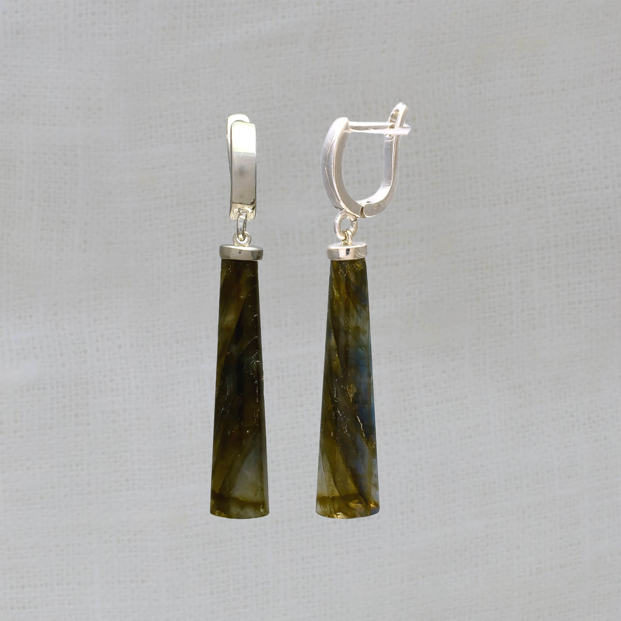 Long polished cabochon labradorite gemstone earrings with sterling silver french hook omega clasp - Beyond Biasa 