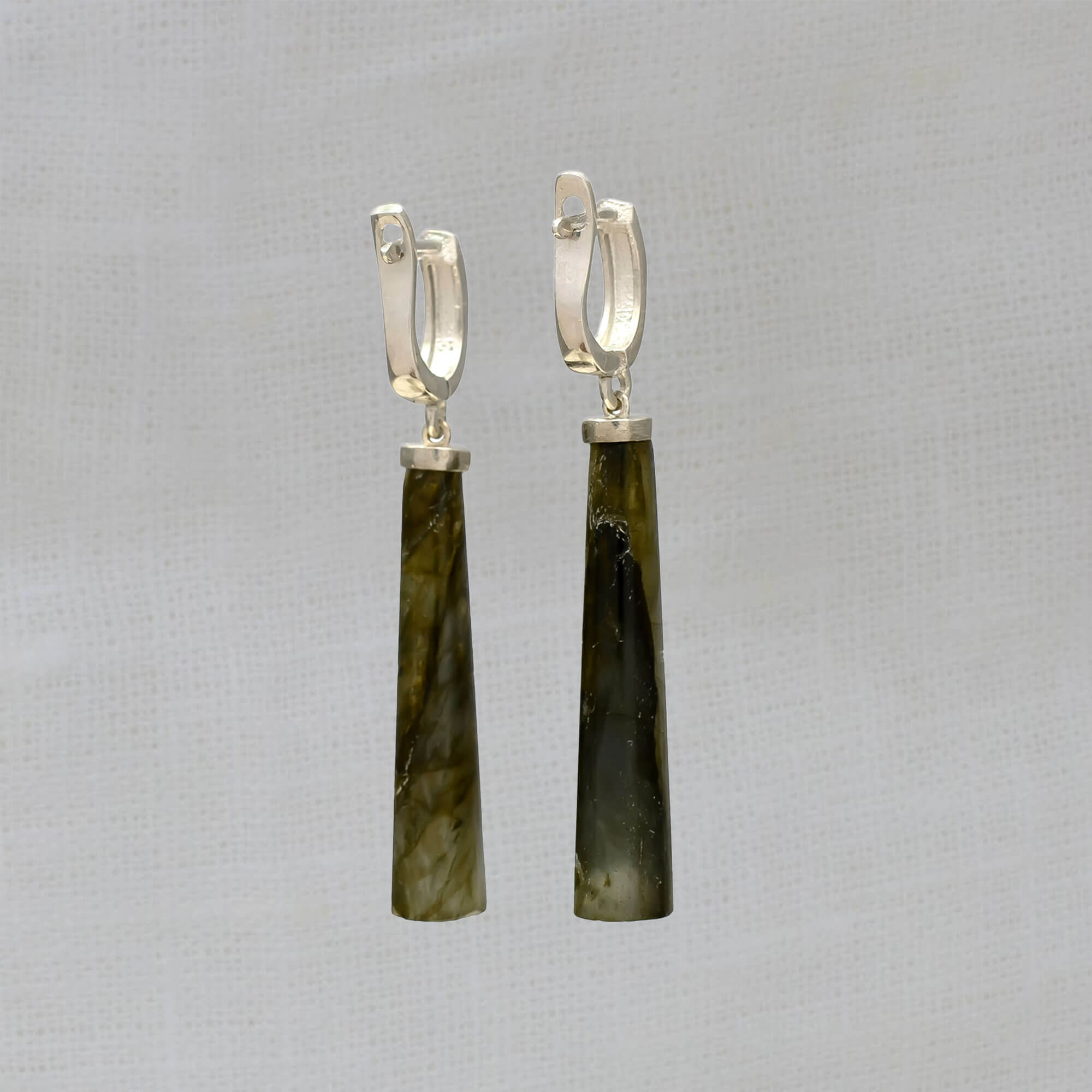 Long polished cabochon labradorite gemstone earrings with sterling silver french hook omega clasp - Beyond Biasa 