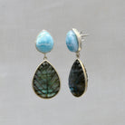 Carved labradorite and larimar gemstone earrings in sterling silver - Beyond Biasa