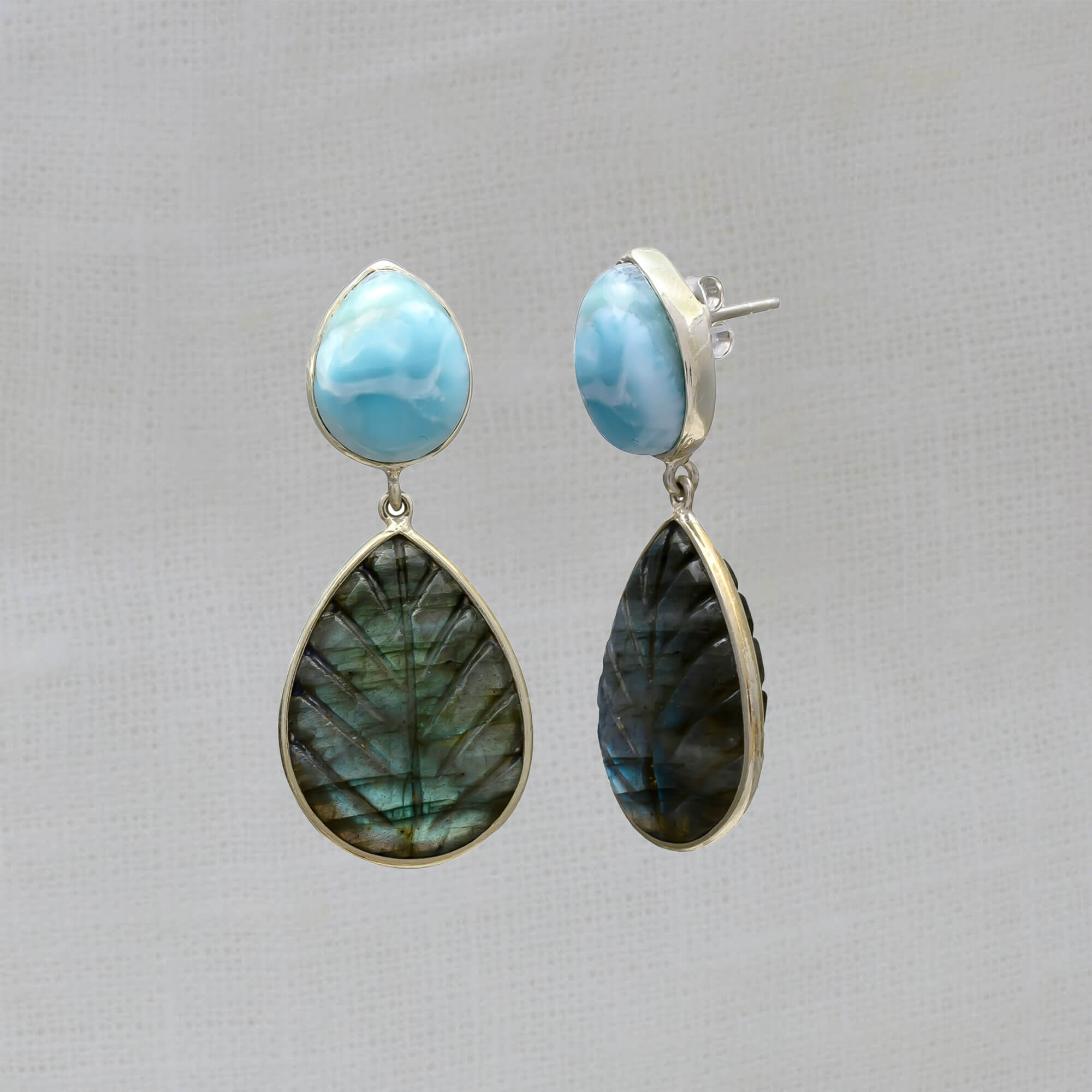 Carved labradorite and larimar gemstone earrings in sterling silver - Beyond Biasa