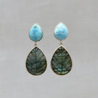 Carved labradorite and larimar gemstone earrings in sterling silver - Beyond Biasa