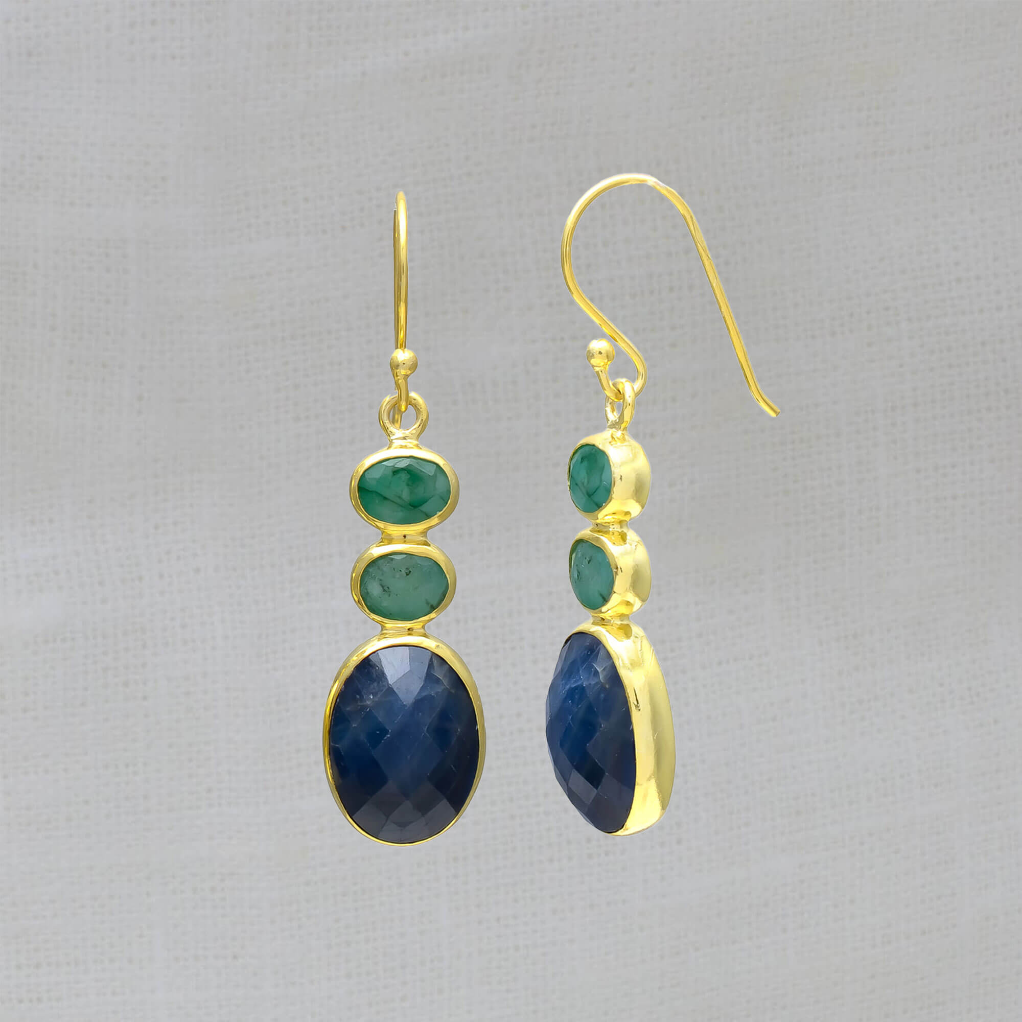 Blue sapphire and green emerald gemstone earrings in 18k gold vermeil with a hook fitting - Beyond Biasa 