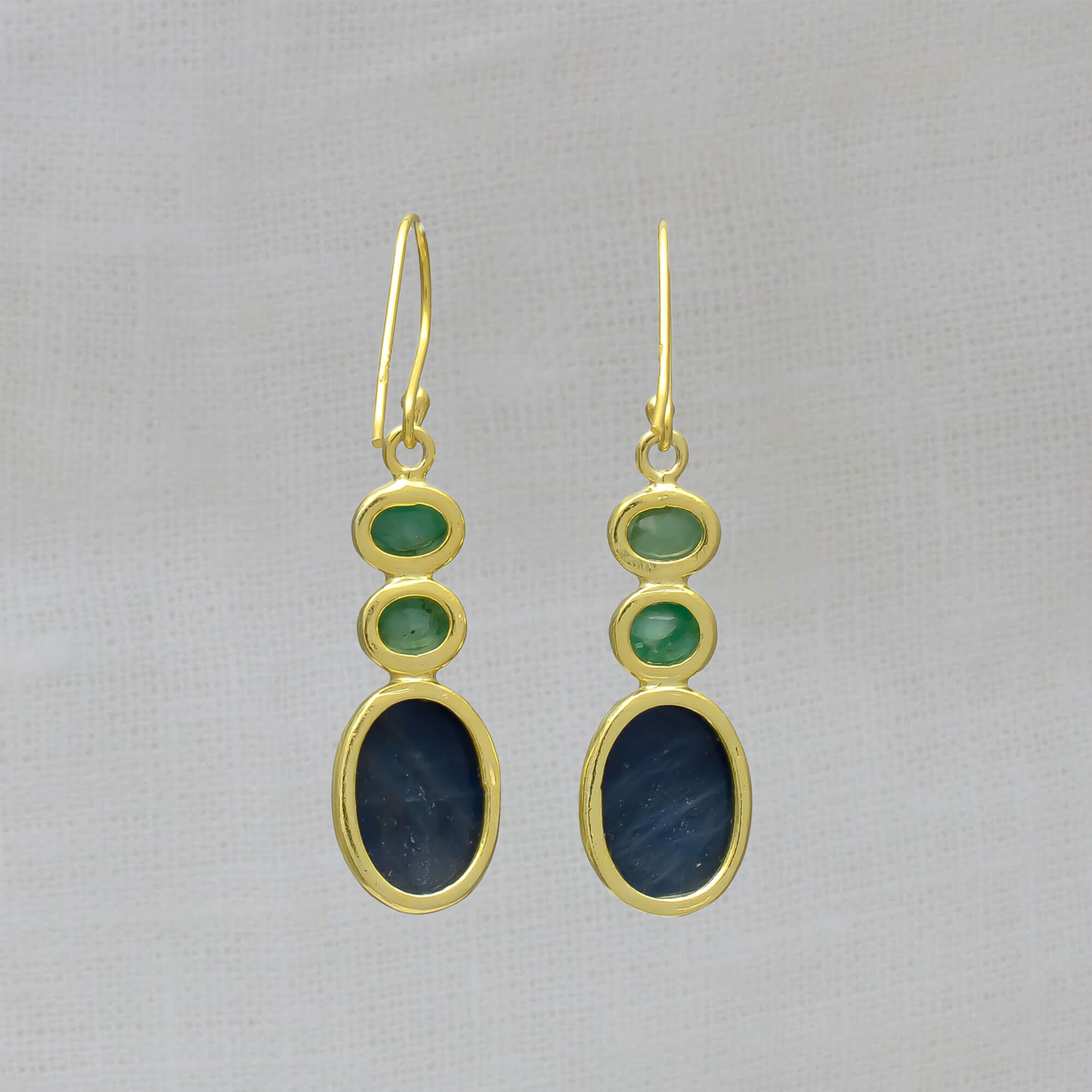 Blue sapphire and green emerald gemstone earrings in 18k gold vermeil with a hook fitting - Beyond Biasa 