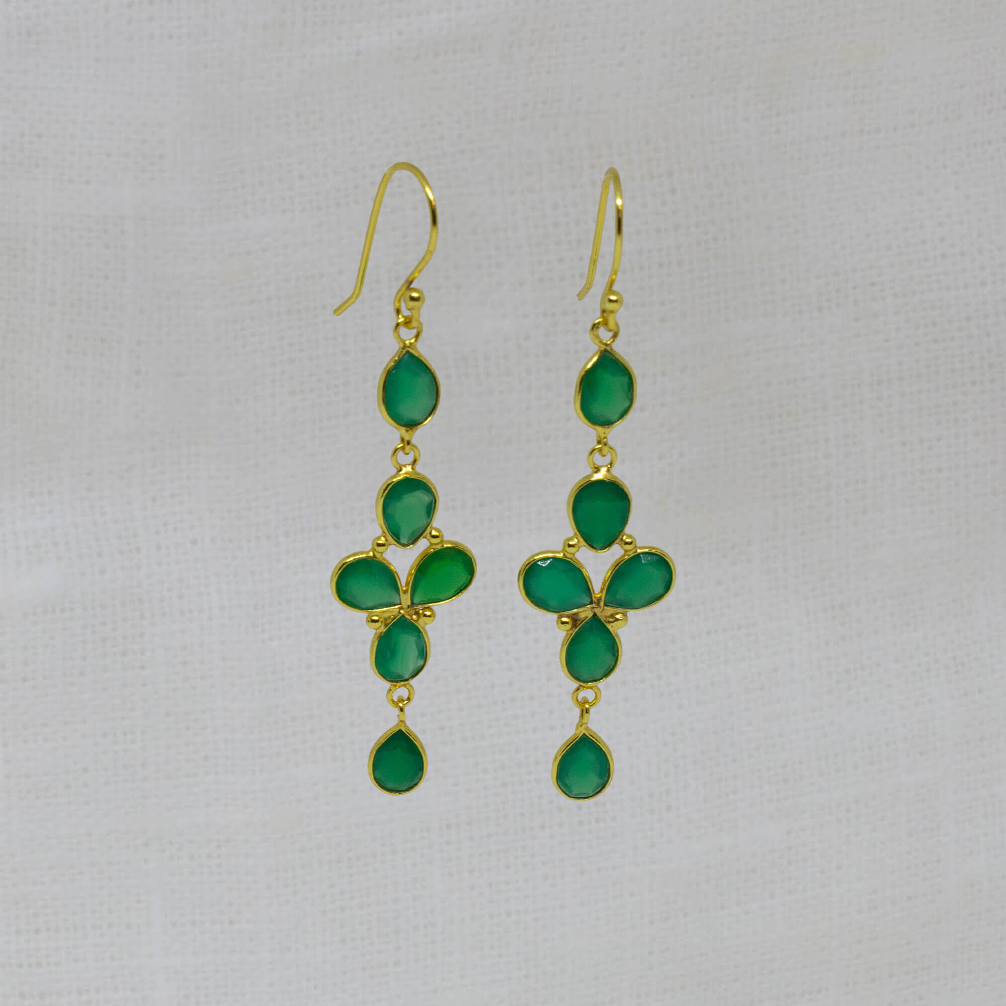 Long multi gemstone dangle earrings handmade in 18k gold vermeil and green onyx - Beyond Biasa