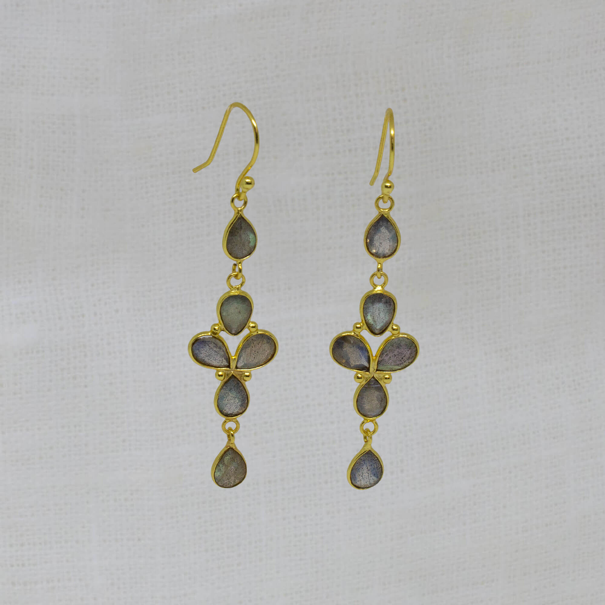 Long multi gemstone dangle earrings handmade in 18k gold vermeil and labradorite - Beyond Biasa