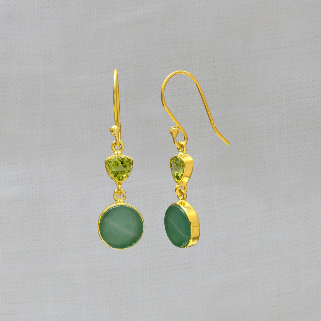 Aventurine and peridot gemstone drop earrings in gold vermeil with hook fittings