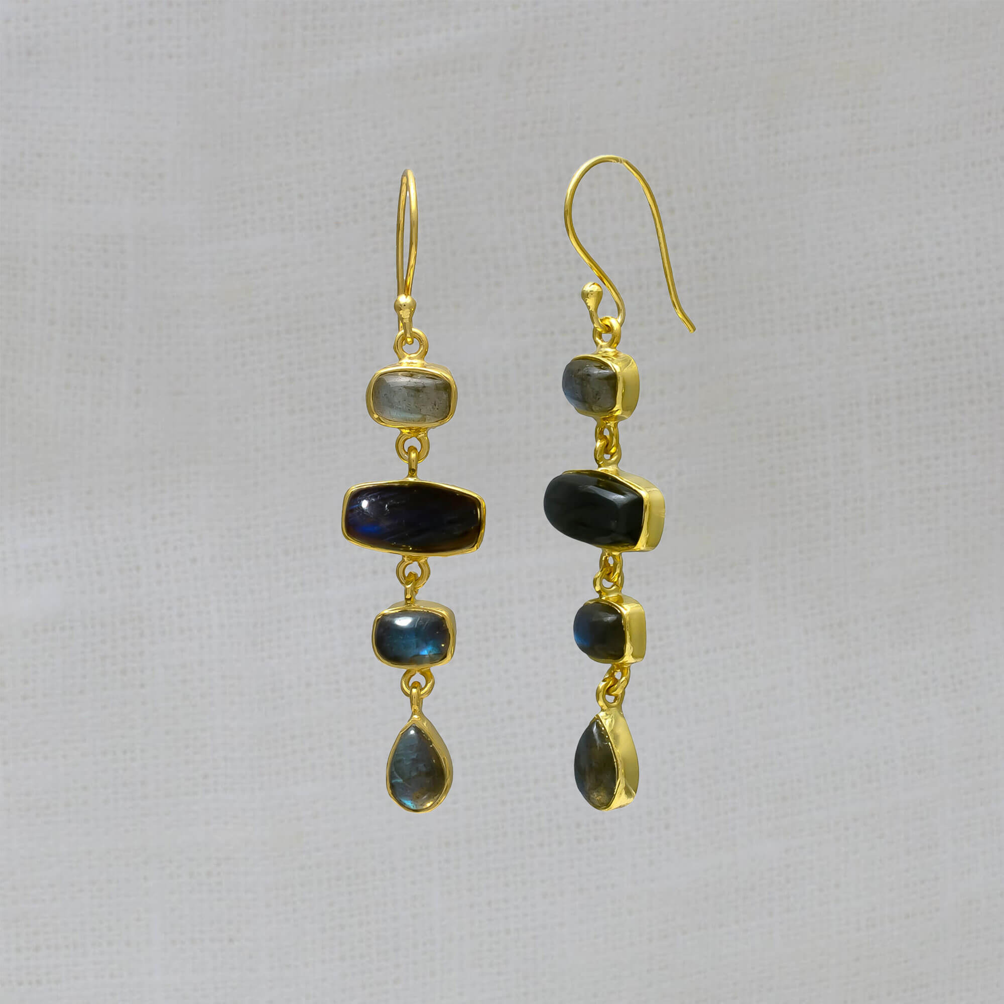 Rectangular labradorite gemstone long dangly earrings in 18k gold plated silver, with simple hook fittings - Beyond Biasa 