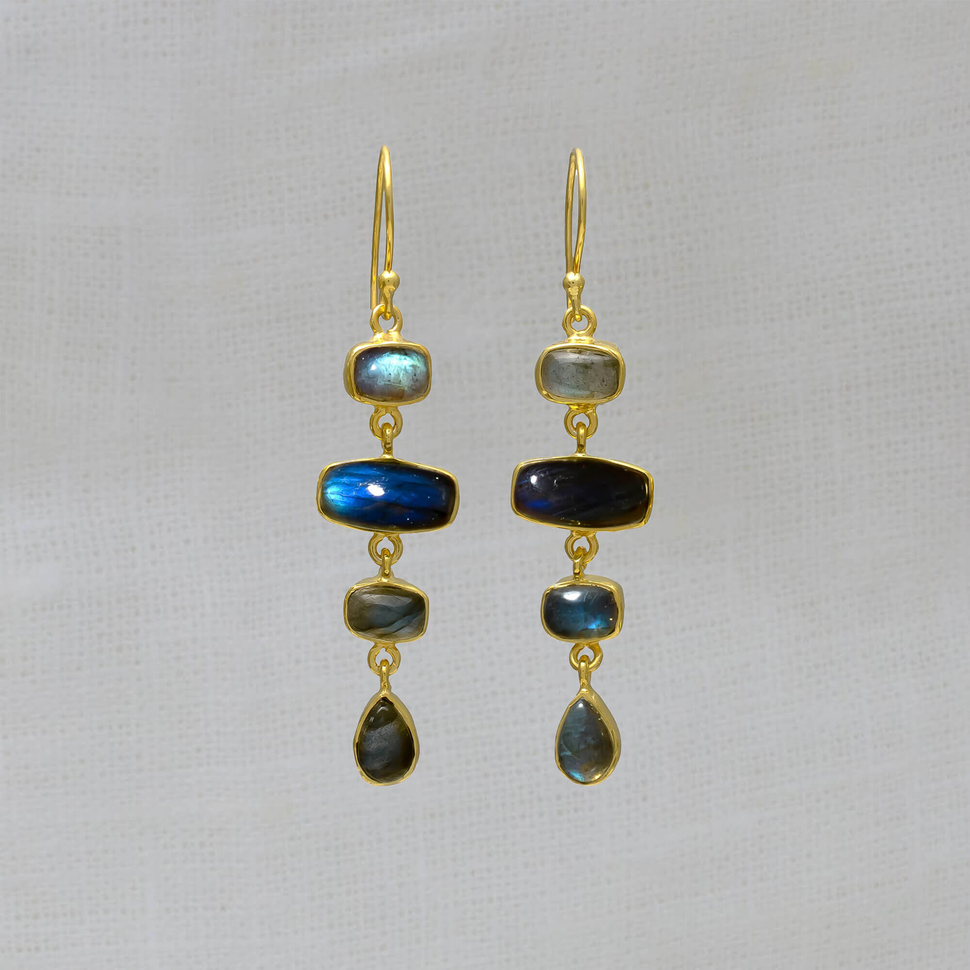 Rectangular labradorite gemstone long dangly earrings in 18k gold plated silver, with simple hook fittings - Beyond Biasa 