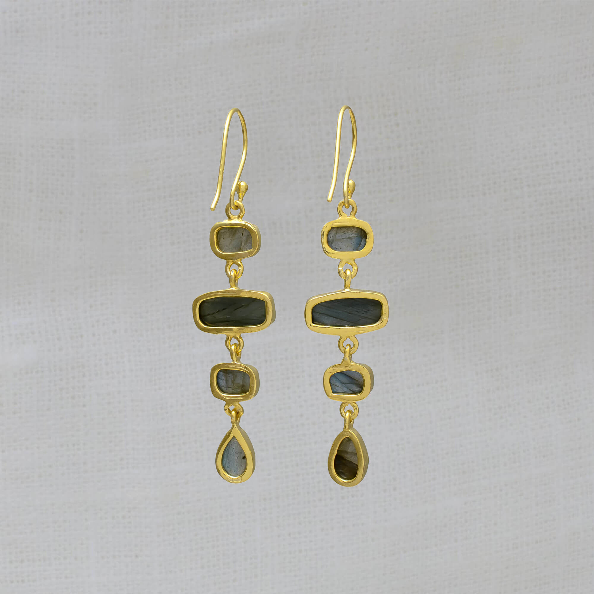 Rectangular labradorite gemstone long dangly earrings in 18k gold plated silver, with simple hook fittings - Beyond Biasa 