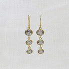 Gold earrings with clear white topaz gemstones on a white background