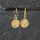 Gold Round Disc Drop Earrings with Sun Ray Textured Pattern Design