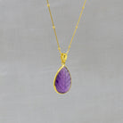 Carved purple amethyst and gold vermeil gemstone pendant necklace with adjustable gold studded snake chain - Beyond Biasa