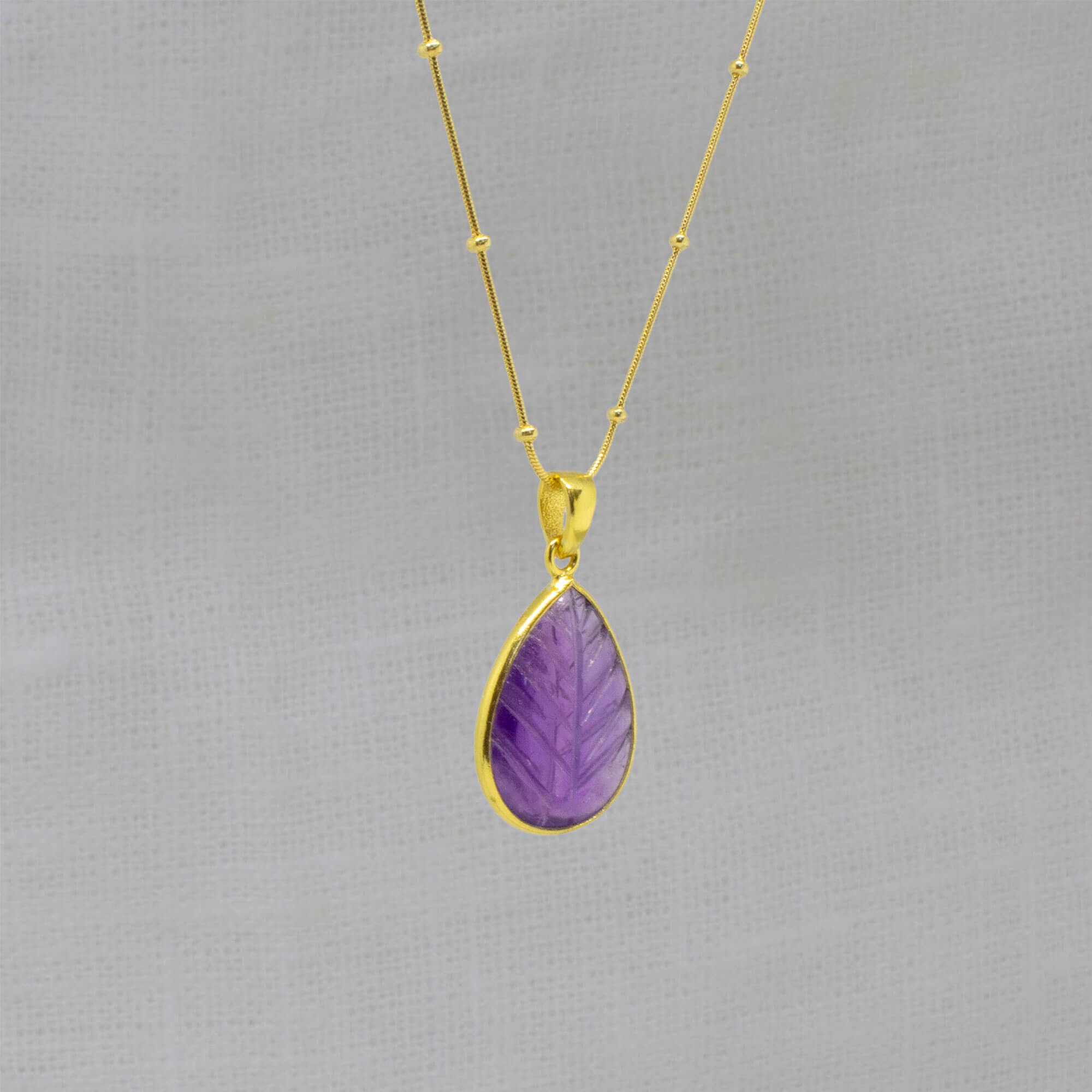 Carved purple amethyst and gold vermeil gemstone pendant necklace with adjustable gold studded snake chain - Beyond Biasa