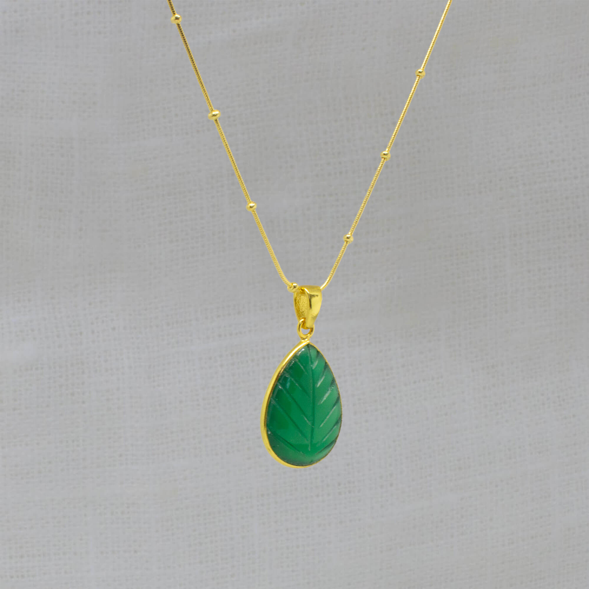 Carved green onyx and gold vermeil gemstone pendant necklace with adjustable gold studded snake chain - Beyond Biasa