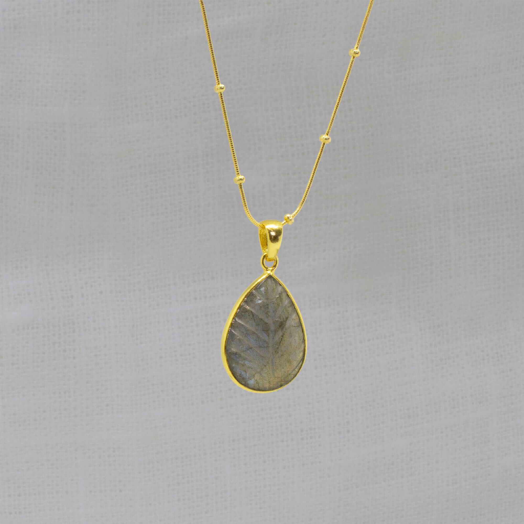 Carved labradorite and gold vermeil gemstone pendant necklace with adjustable gold studded snake chain - Beyond Biasa