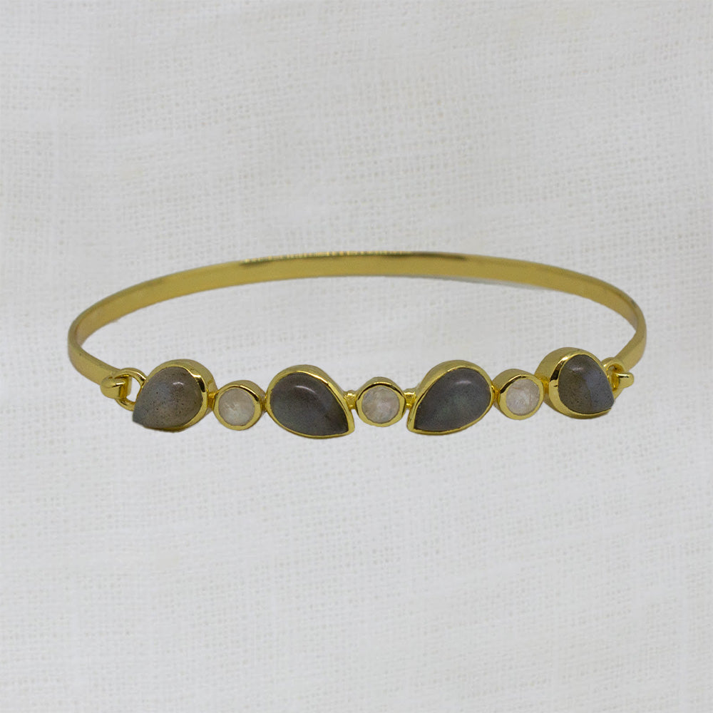 Labradorite and Moonstone Gemstone Hinged Bangle Stacking Bracelet