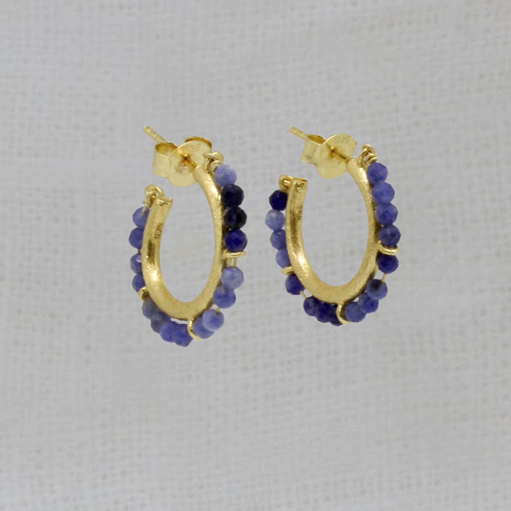 Blue sodalite beaded gemstone hoop earrings in brushed gold vermeil with a stud fitting - Beyond Biasa 