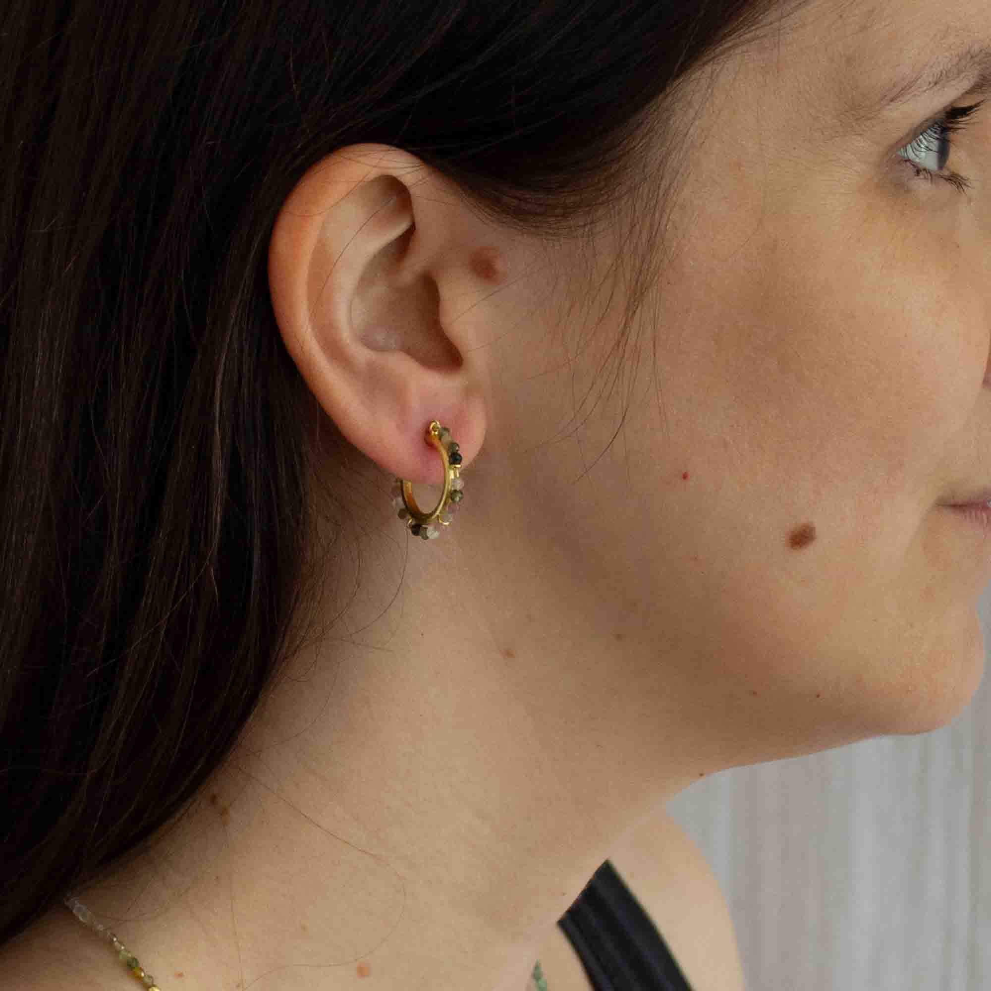 Tourmaline beaded gemstone hoop earrings in brushed gold vermeil with a stud fitting - Beyond Biasa 