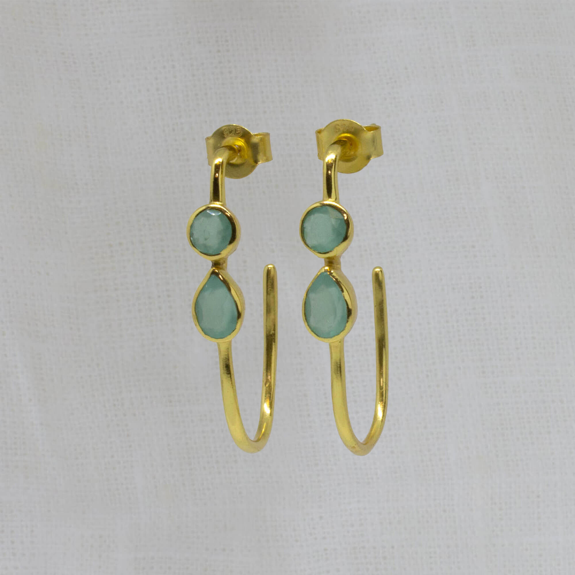 Aqua chalcedony round and teardrop gemstones in an elongated gold vermeil stud hoop - beyond biasa 