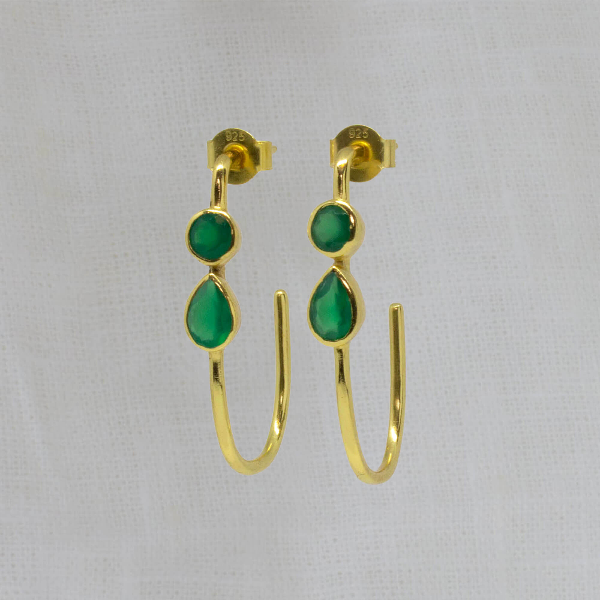 Green onyx round and teardrop gemstones in an elongated gold vermeil stud hoop - beyond biasa 