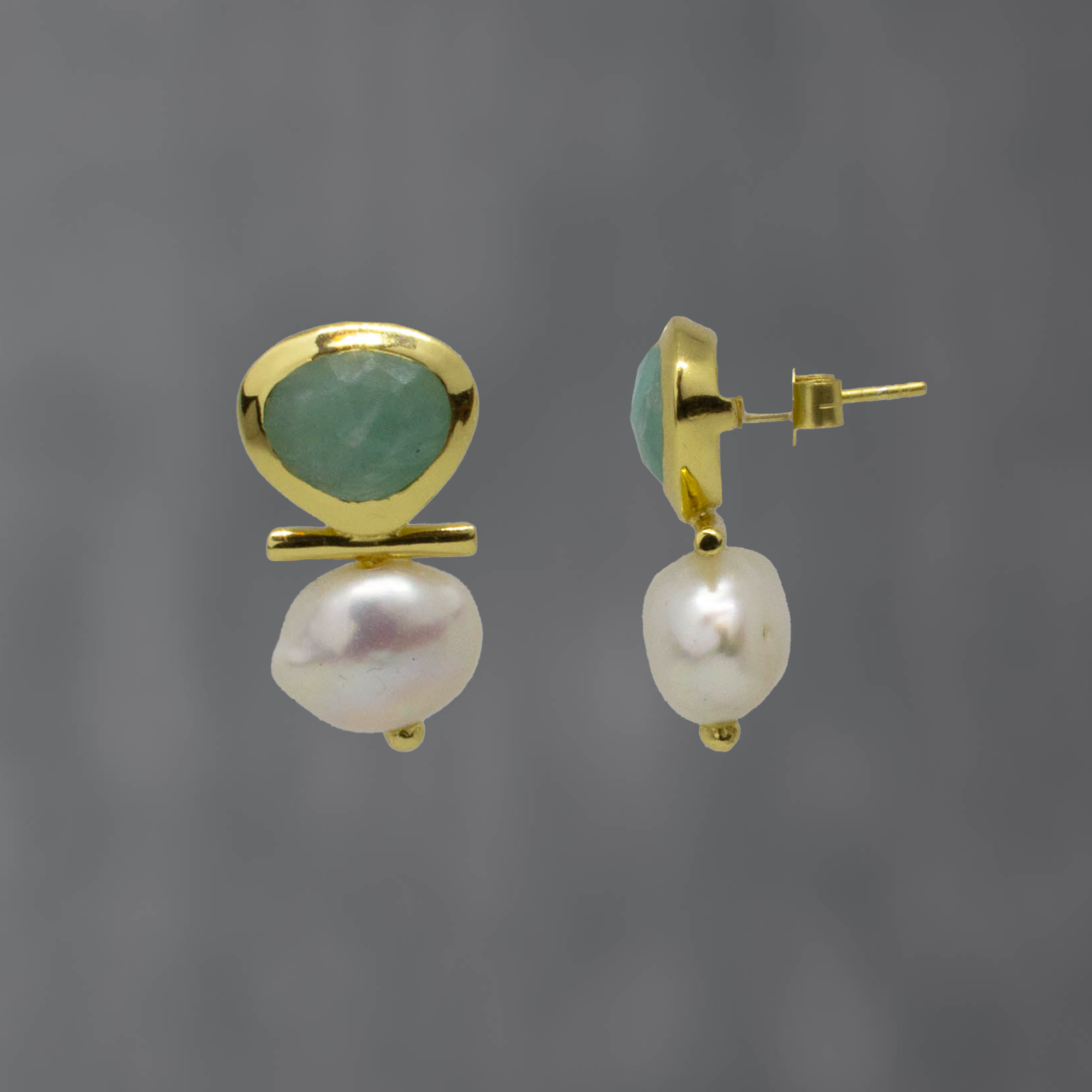 Amazonite gemstone and freshwater pearl gold vermeil bar stud earrings - Beyond Biasa 