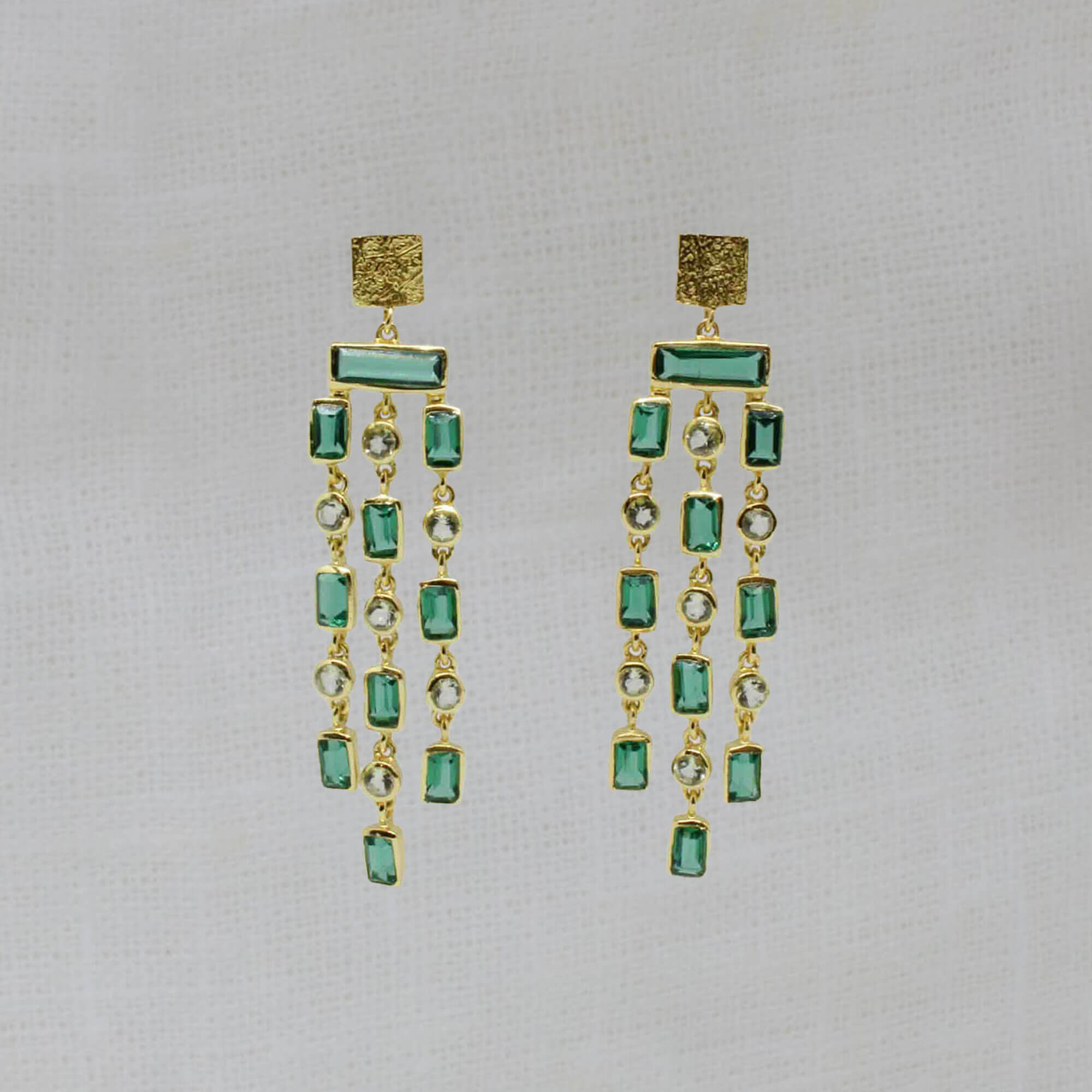 Green quartz and green amethyst gemstone triple row chandelier style dangle earrings with textured gold vermeil stud fitting - Beyond Biasa 