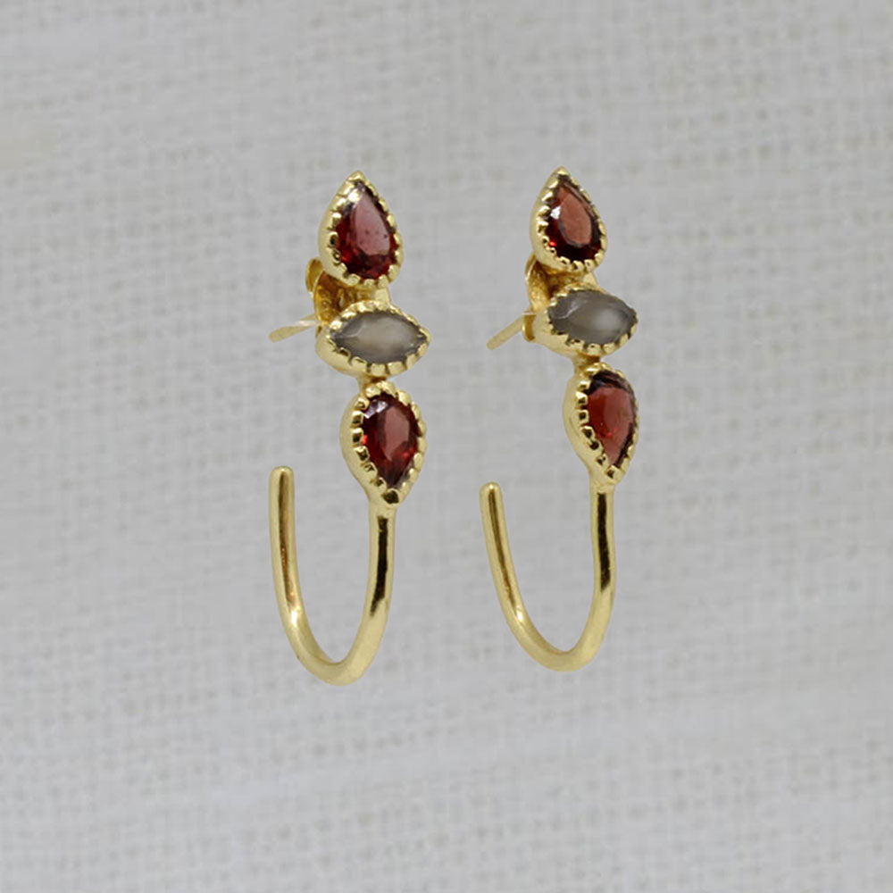 Gemstone and gold vermeil boho elongated hoop earrings - red garnet and labradorite - Beyond Biasa