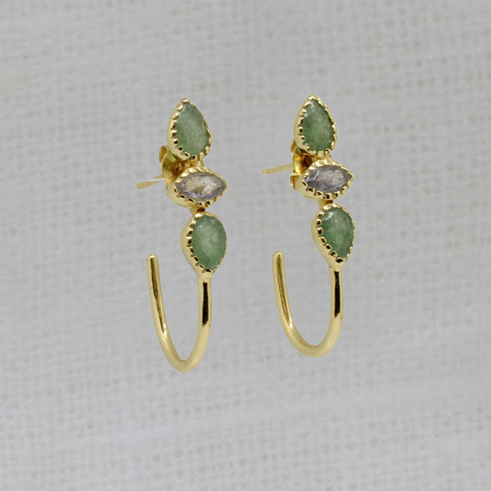 Gemstone and gold vermeil boho elongated hoop earrings - green aventurine and labradorite - Beyond Biasa