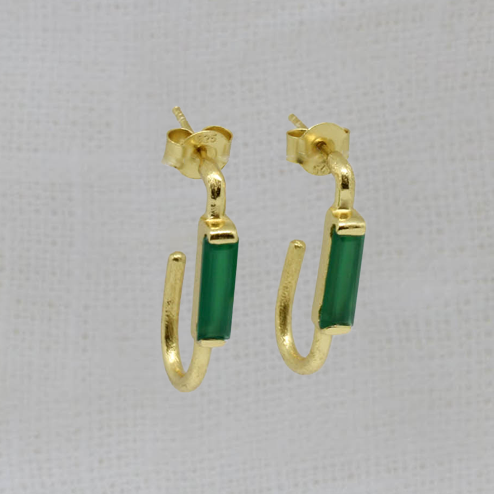 Brushed gold minimalist hoop earrings with rectangle green onyx gemstones - Beyond Biasa