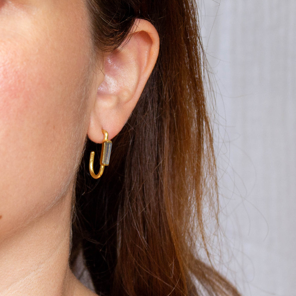 Brushed gold minimalist hoop earrings with rectangle labradorite gemstones - Beyond Biasa