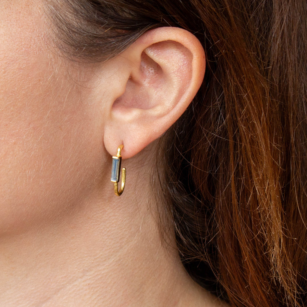 Brushed gold minimalist hoop earrings labradorite gemstones - Beyond Biasa